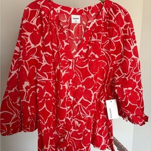 Sonoma Red and White Floral V-Neck Blouse